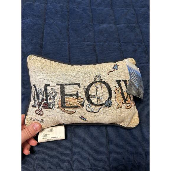 Vintage Cat Tapestry Pillow Meow 11X8 Decorative Cottage Cat Lady New - Picture 1 of 8